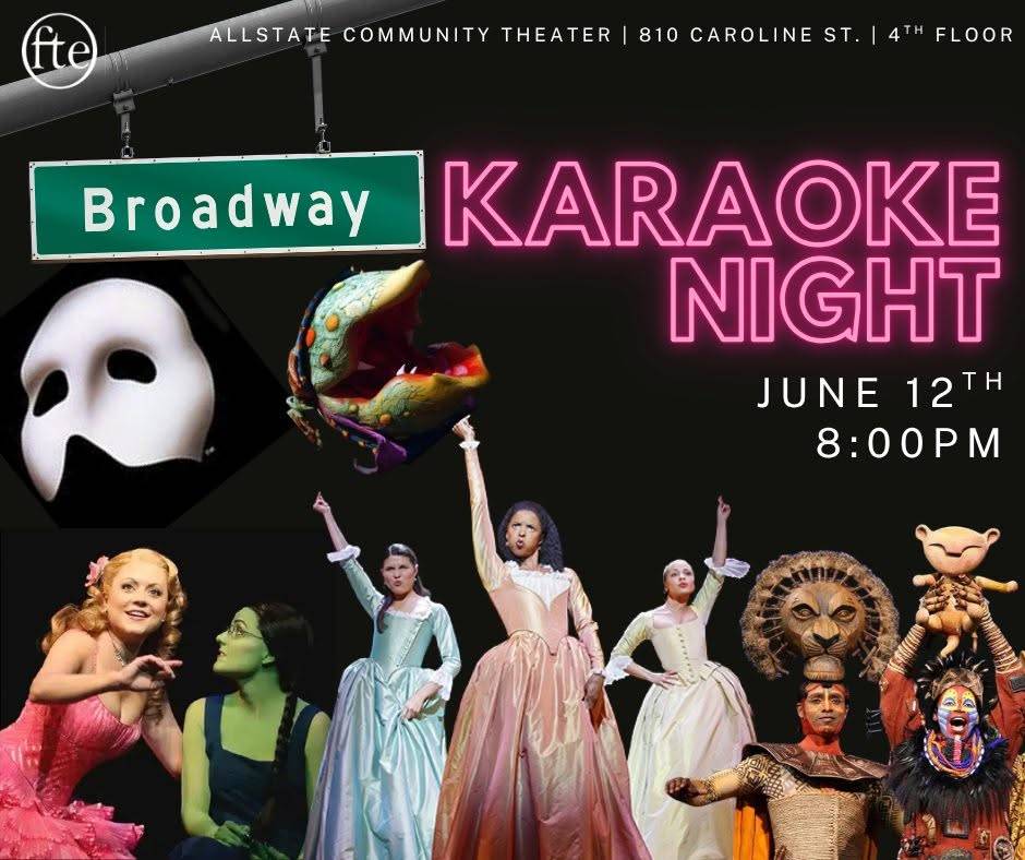 Poster headed “ALLSTATE COMMUNITY THEATER | 810 CAROLINE ST. | 4TH FLOOR” with the Fredericksburg Theatre Ensemble logo. A hanging green street sign reads “Broadway” beside “KARAOKE NIGHT” in pink neon lettering, then “JUNE 12TH 8:00PM”. Along the foot, a row of cut-out photographs from musicals: a half-mask, a puppet plant, and performers in period gowns, a lion mask and face paint.