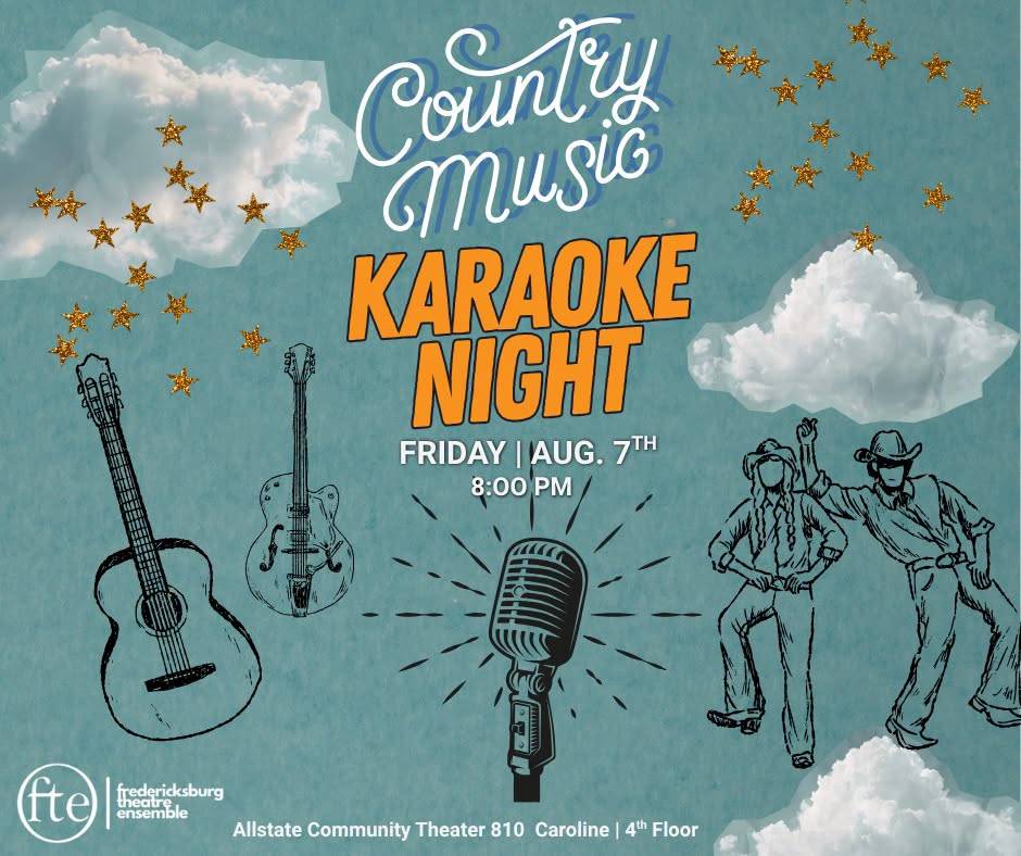 COUNTRY MUSIC KARAOKE NIGHT poster with drawn guitars, a microphone and two dancers: “FRIDAY, AUG. 7TH, 8:00 PM. Allstate Community Theater 810 Caroline, 4th Floor.”