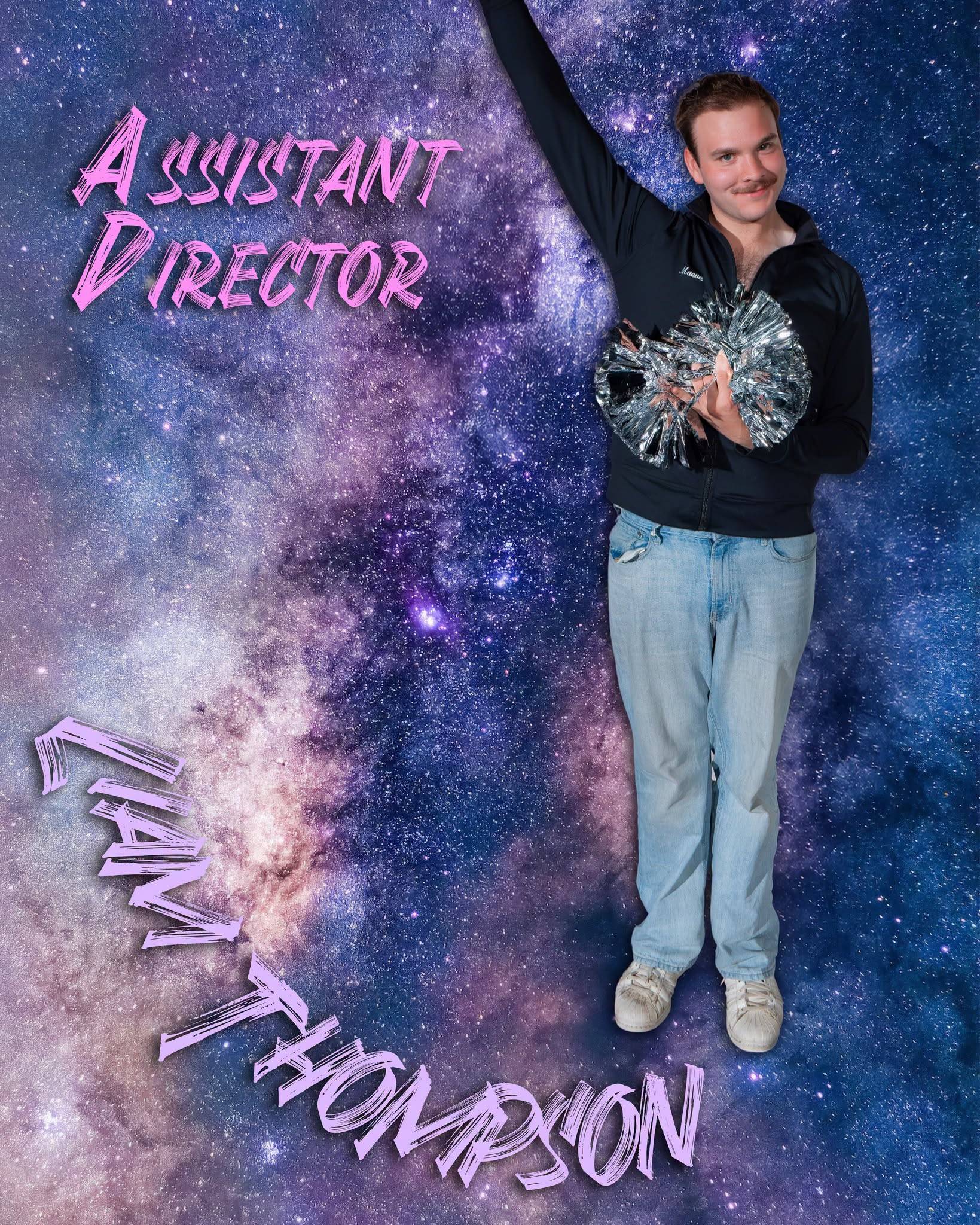 Dance Nation’s assistant director poses with silver pom-poms against a galaxy backdrop.