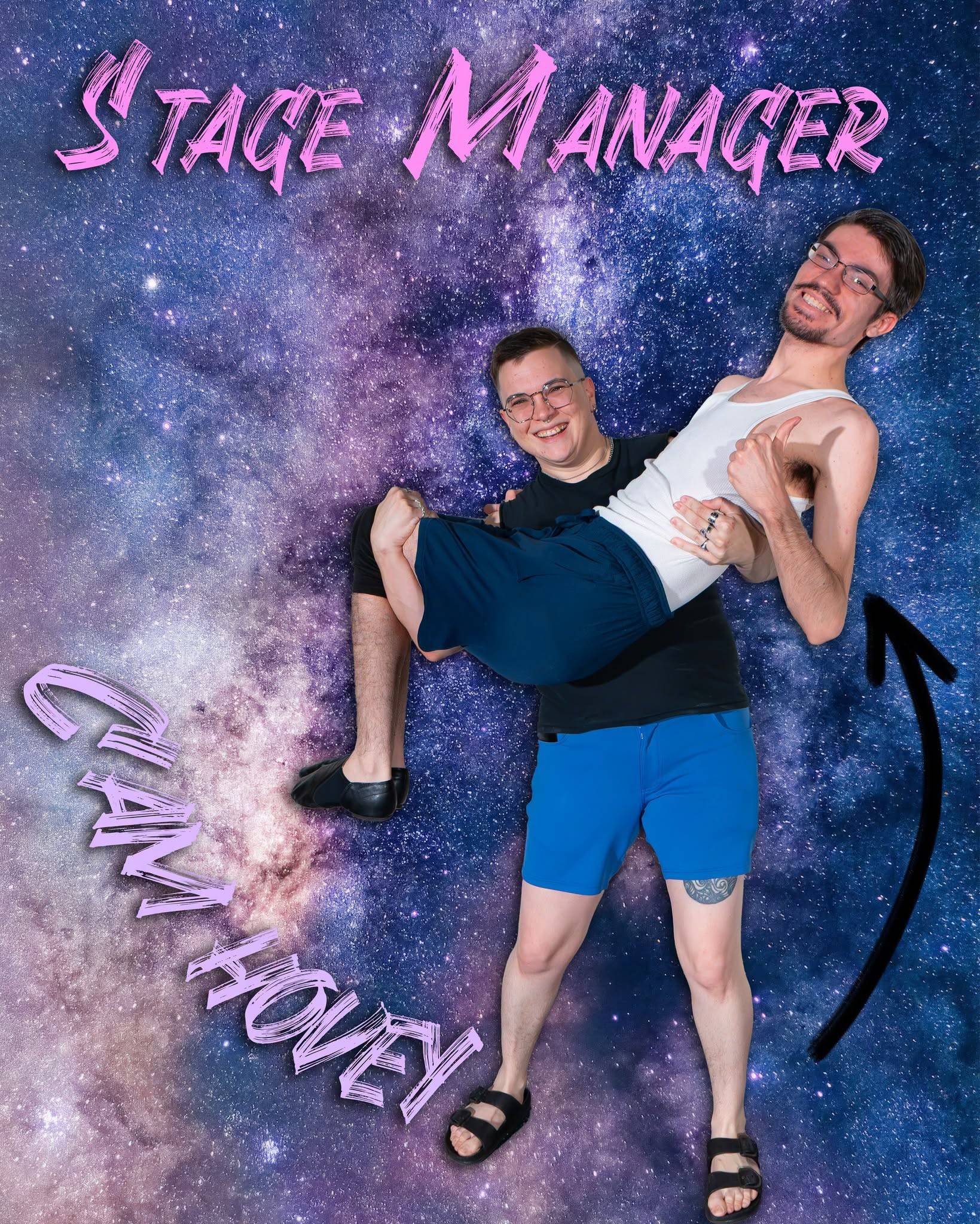 Dance Nation’s stage manager holds a company member against a galaxy backdrop.