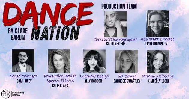 Production team card headed “DANCE NATION BY CLARE BARON — PRODUCTION TEAM” with the Fredericksburg Theatre Ensemble logo, and seven headshots each captioned with a role and a name: Director/Choreographer, Courtney Fox; Assistant Director, Liam Thompson; Stage Manager, Cam Hovey; Production Design Special Effects, Kylie Clark; Costume Design, Ally Dodson; Set Design, Calrisse Swartley; Intimacy Director, Kimberly Leone.