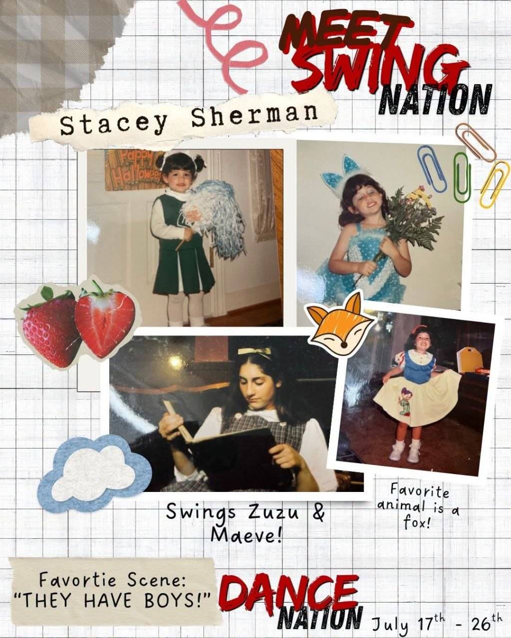 Meet Swing Nation scrapbook collage of childhood photos, reading “Stacey Sherman”, “Swings Zuzu & Maeve!”, “Favorite animal is a fox!”, “Favortie Scene: ‘THEY HAVE BOYS!’” and “Dance Nation, July 17th to 26th”.