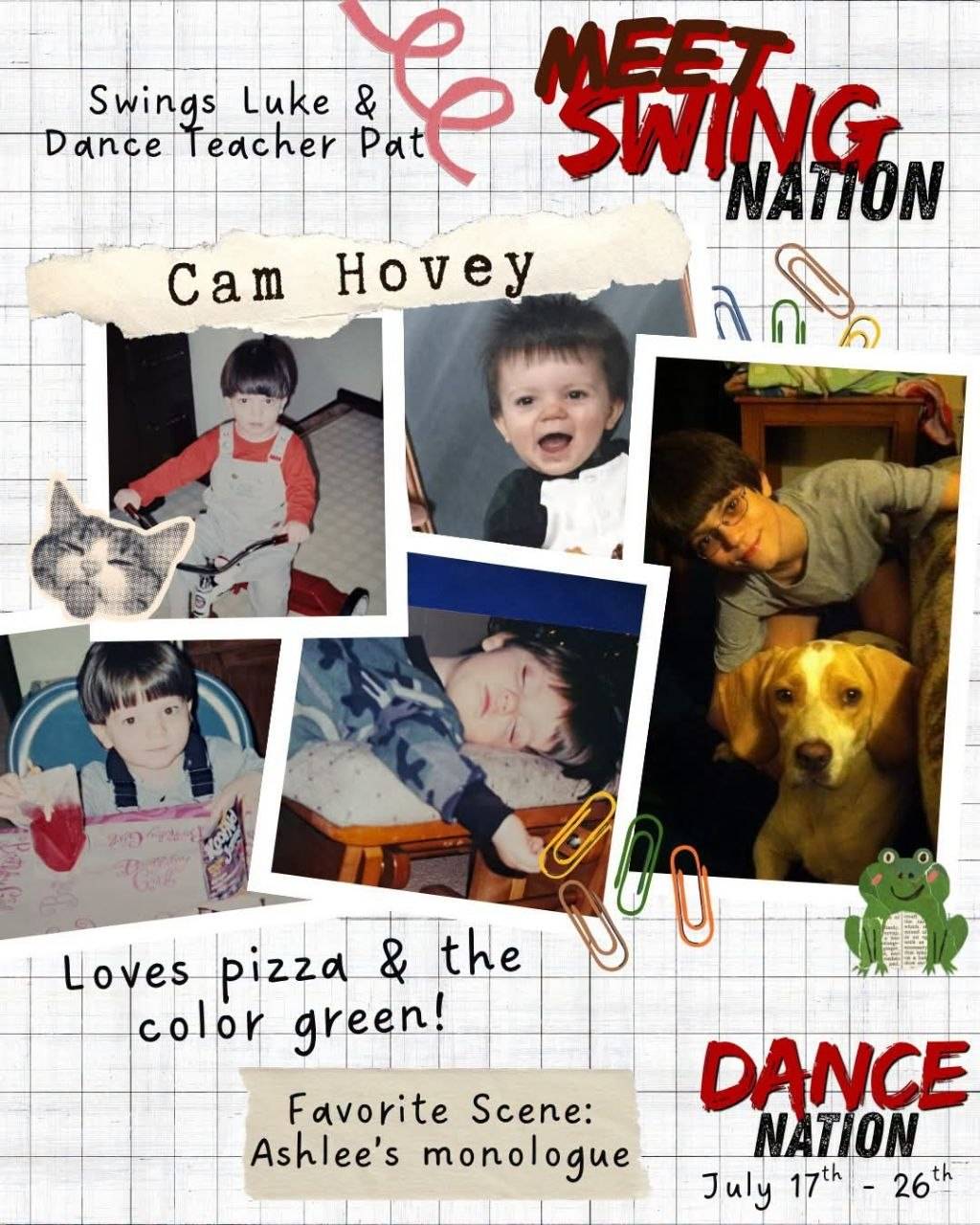 Meet Swing Nation scrapbook collage of childhood photos, reading “Cam Hovey”, “Swings Luke & Dance Teacher Pat”, “Loves pizza & the color green!”, “Favorite Scene: Ashlee’s monologue” and “Dance Nation, July 17th to 26th”.