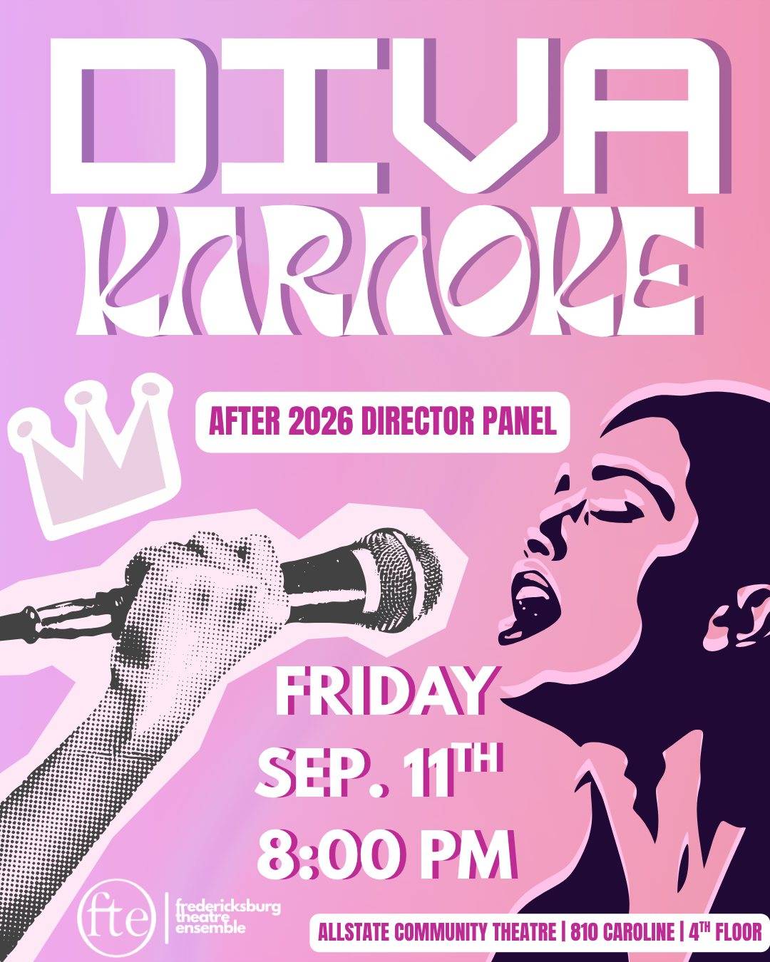 DIVA KARAOKE poster: “AFTER 2026 DIRECTOR PANEL. FRIDAY SEP. 11TH, 8:00 PM. Allstate Community Theatre, 810 Caroline, 4th Floor.”
