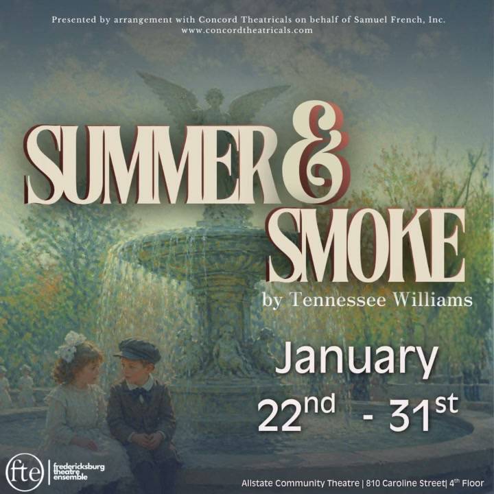 Summer & Smoke by Tennessee Williams. January 22 to 31. An impressionist painting of a park fountain topped by a winged statue.