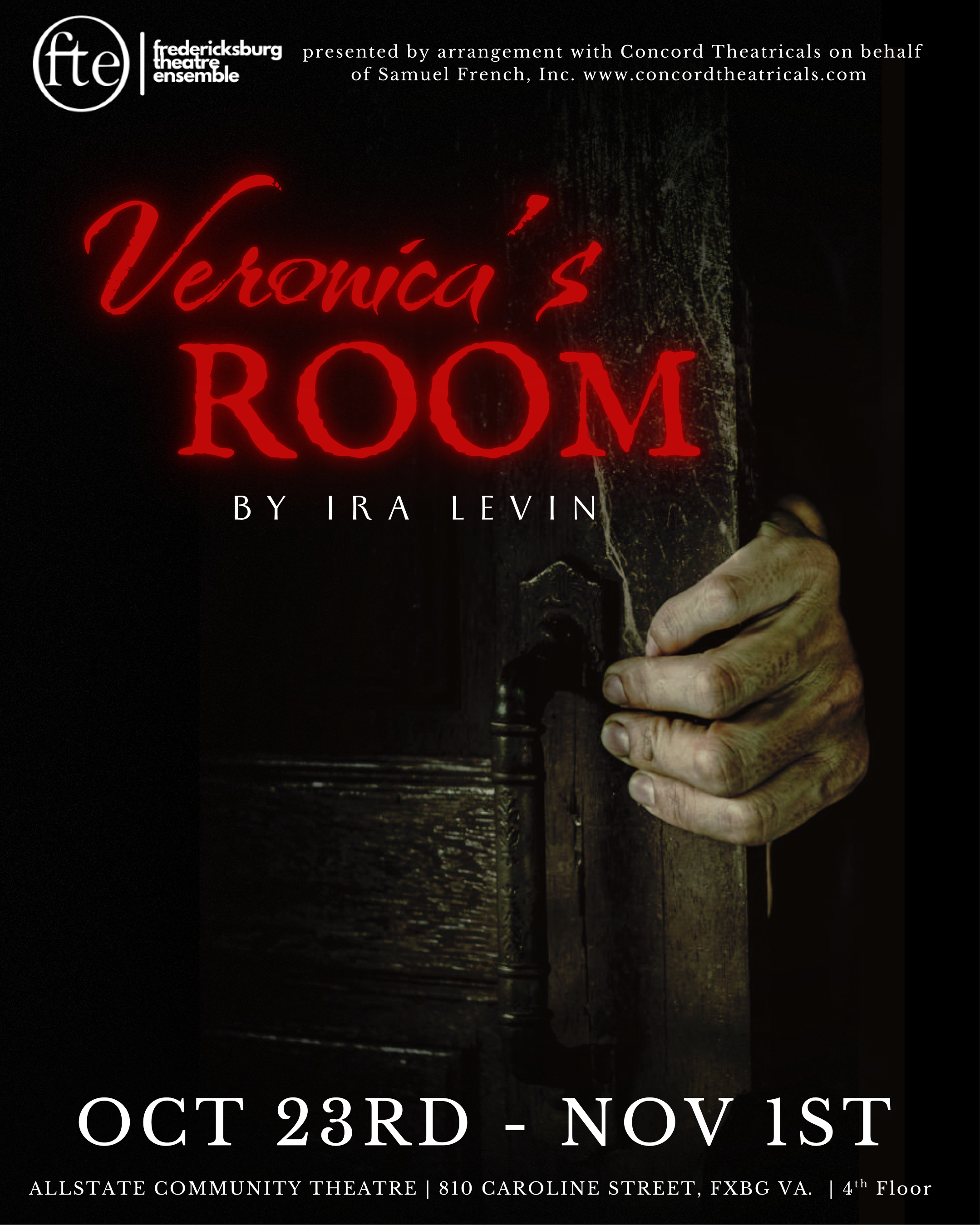 Veronica’s Room by Ira Levin. Oct 23 to Nov 1. A hand pulls open a weathered dark door in near darkness.